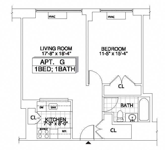 Floor plan for 1 bed, 1 bath, 725 sqft